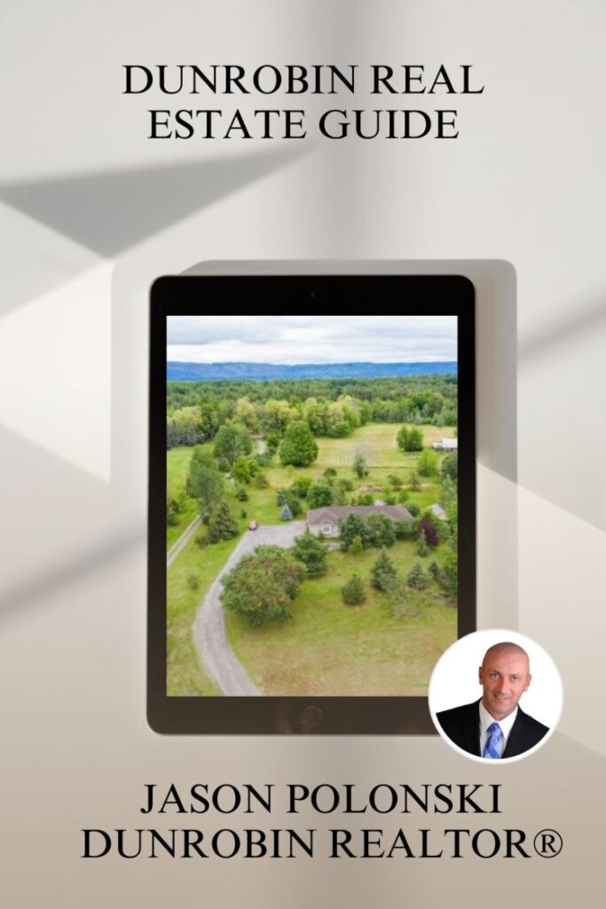 Dunrobin Realtor, Dunrobin Real Estate Guide, Jason Polonski. Tablet with a photo of a bungalow house with a large, green field from Dunrobin Real Estate Guide created by Dunrobin Real estate agent.