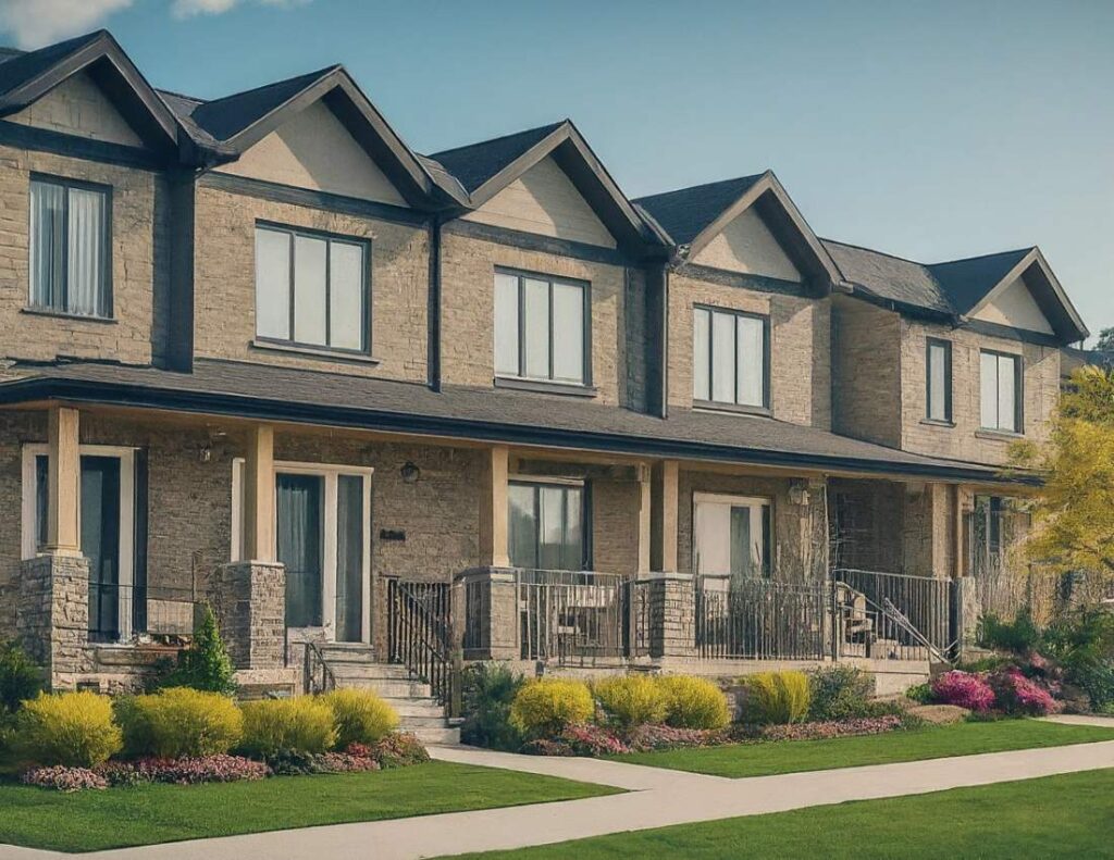 Image showing a row of charming townhouses with colorful exteriors, perfect for Stittsville first-time homebuyers looking for affordable and cozy living spaces