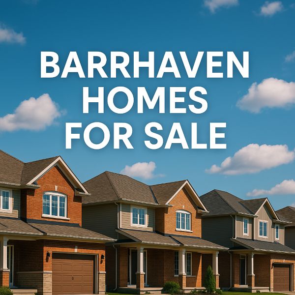Row of attractive suburban homes under blue sky with “Barrhaven Homes For Sale”