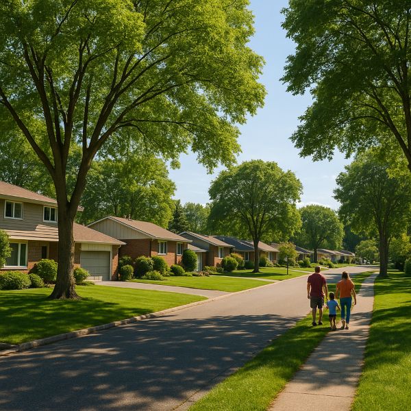 Tree-lined suburban street in Kanata's Beaverbrook neighbourhood featuring mid-century homes and a family walking, representing Beaverbrook homes for sale.