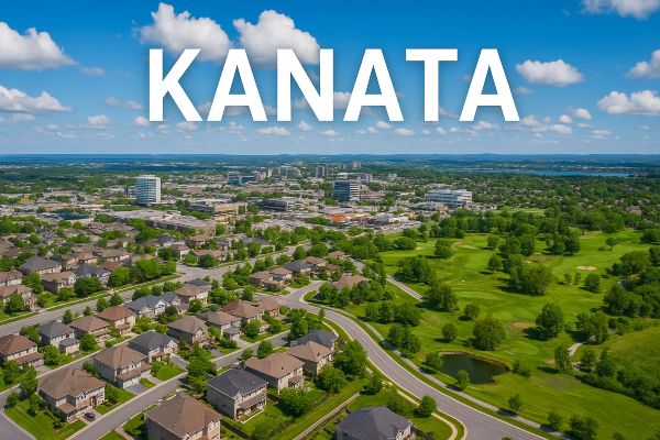 Kanata Ottawa suburban homes, parks, and Kanata North Technology Park on a sunny day