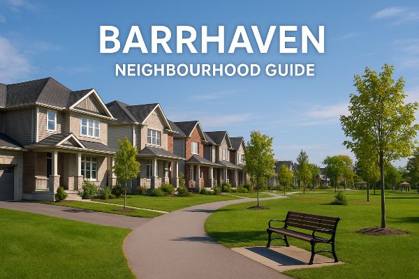 A scenic view of Barrhaven, Ottawa, showcasing modern homes, green spaces, and community amenities on a sunny day.