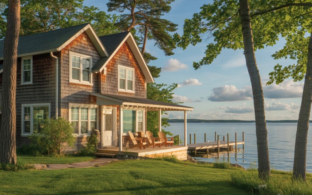 Constance Bay House on Ottawa River with wood siding. Showing Ottawa river. 2 story home with a nice deck on a summer day