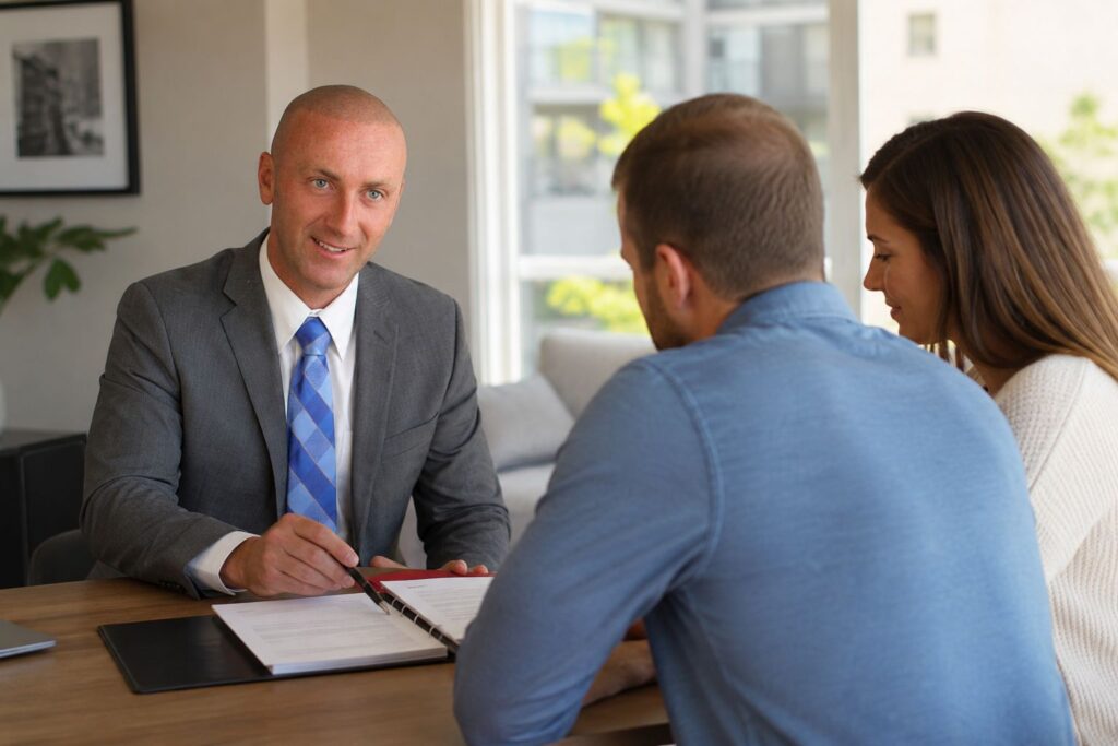 Jason Polonski is going over Mortgage Pre-Approval Guide wit his clients
