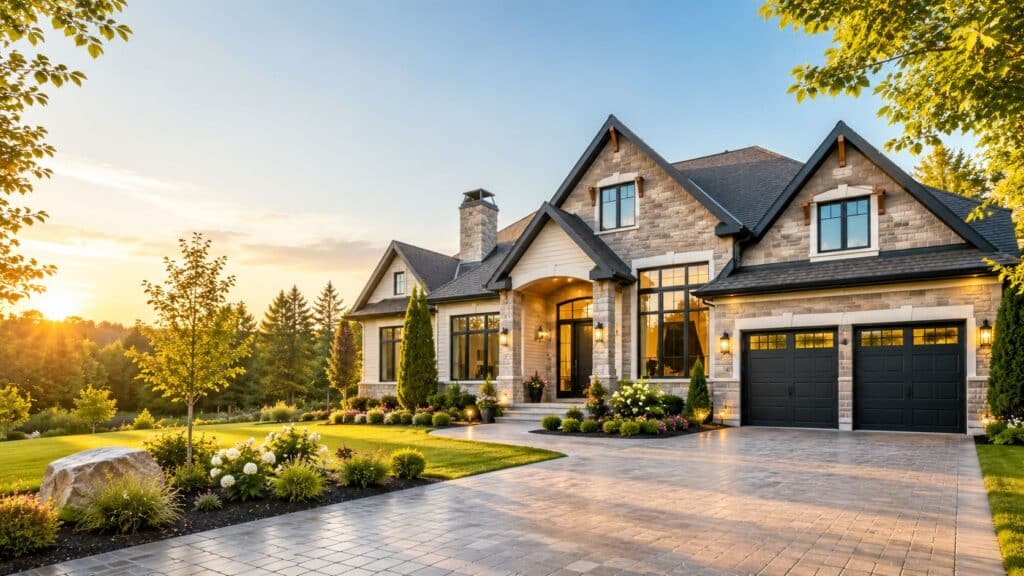 Beautiful upscale luxury home exterior in Ottawa with warm golden-hour lighting, landscaped front yard, and elegant modern architectural design.