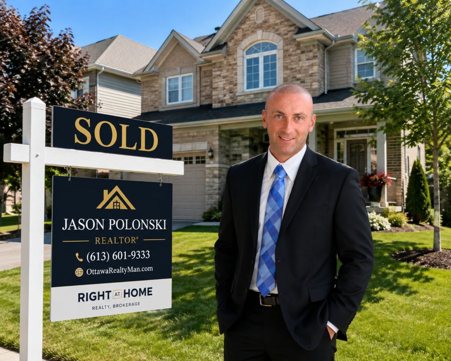 Jason Polonski dressed in black suit standing next to his sold sign. Kanata and Ottawa Realtor