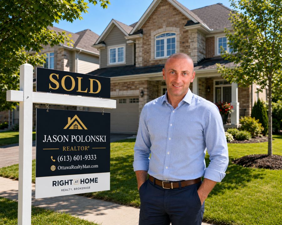 Jason Polonski standing next to his sold sign, dressed in casual clothing. Kanata and Ottawa realtor