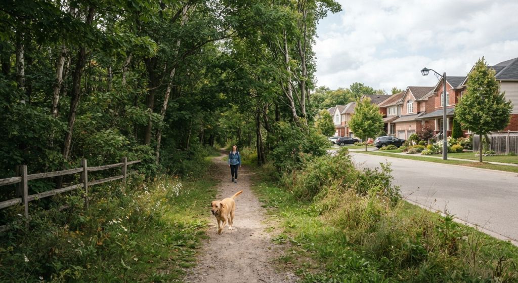 Trail leading from a suburban street into a wooded park, with a dog walking ahead