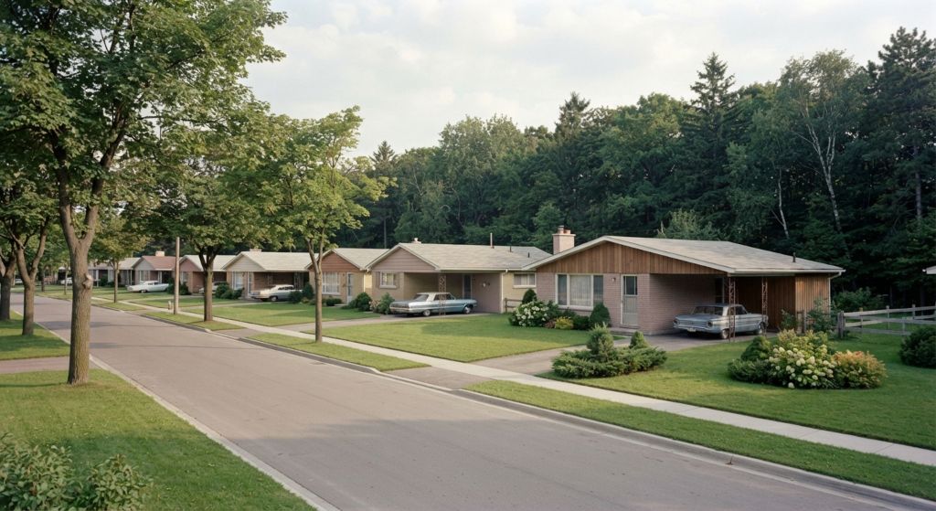 Row of 1960s bungalows on wide lots with a forested edge behind