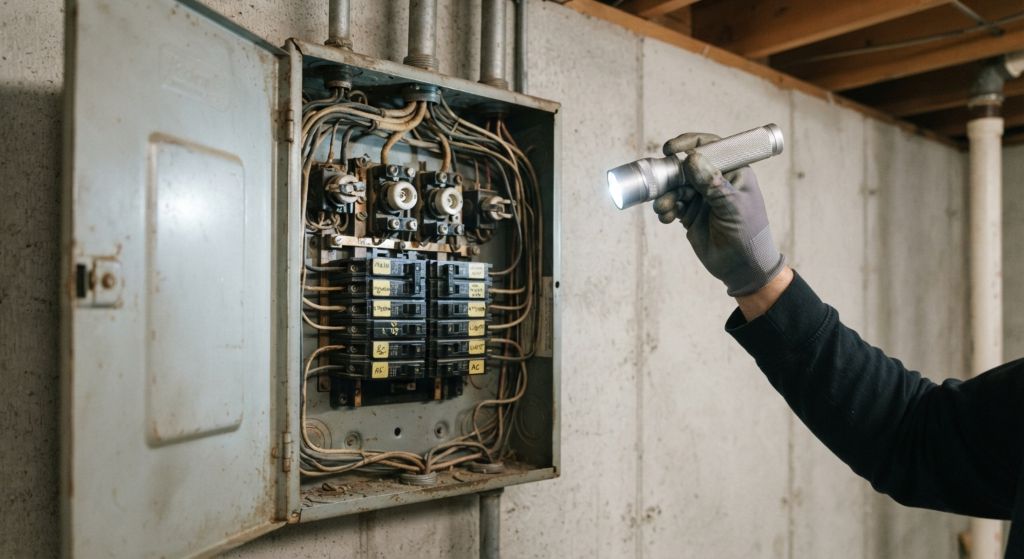 Home inspector checking an older electrical panel with a flashlight
