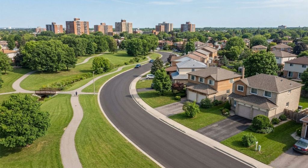 Curving crescent of two-storey homes beside a park with walking paths