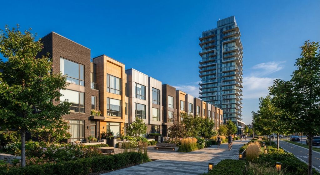 Modern townhouse row with a condo tower behind