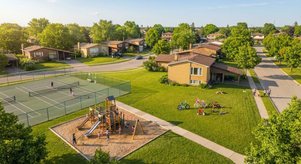 Family neighbourhood with a park, tennis courts and split-level homes