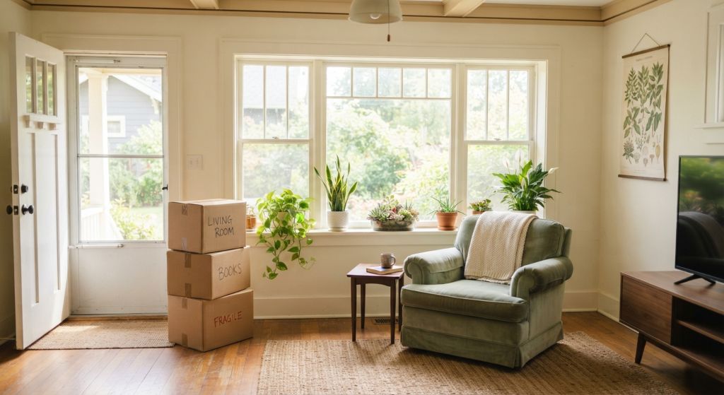 Bright bungalow living room with packed moving boxes, ready for a downsizing move