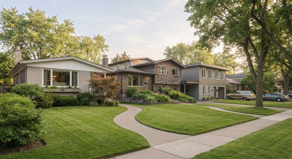 Bungalows, split-levels and two-storey homes on a leafy suburban street