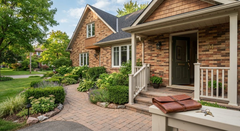 Front porch of a well-kept brick two-storey home with a tidy garden