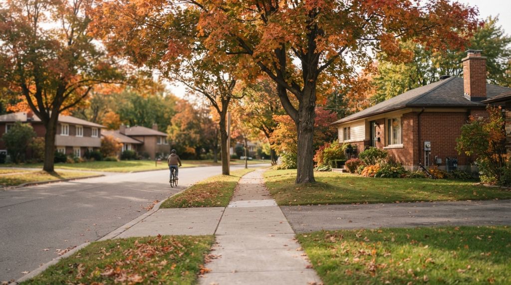 Established suburban street in autumn with brick bungalows and maple trees