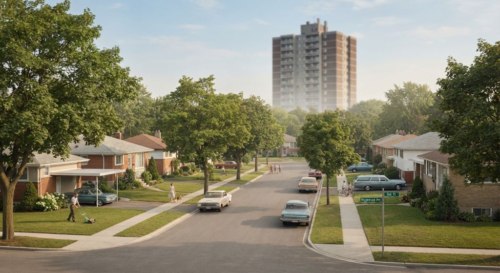 Tree-lined 1960s suburban street with a condo tower in the distance