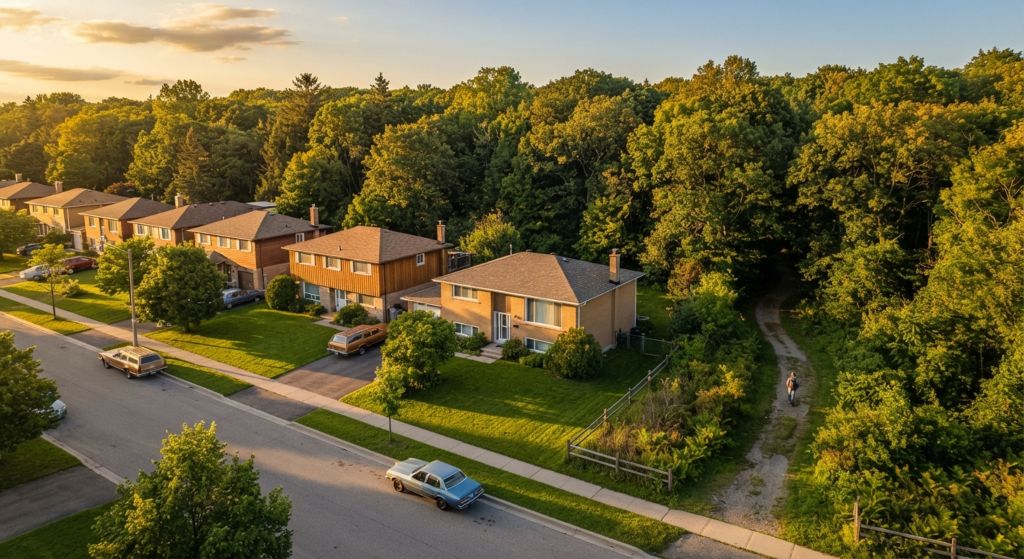 Aerial view of 1970s homes backing onto a forested greenbelt