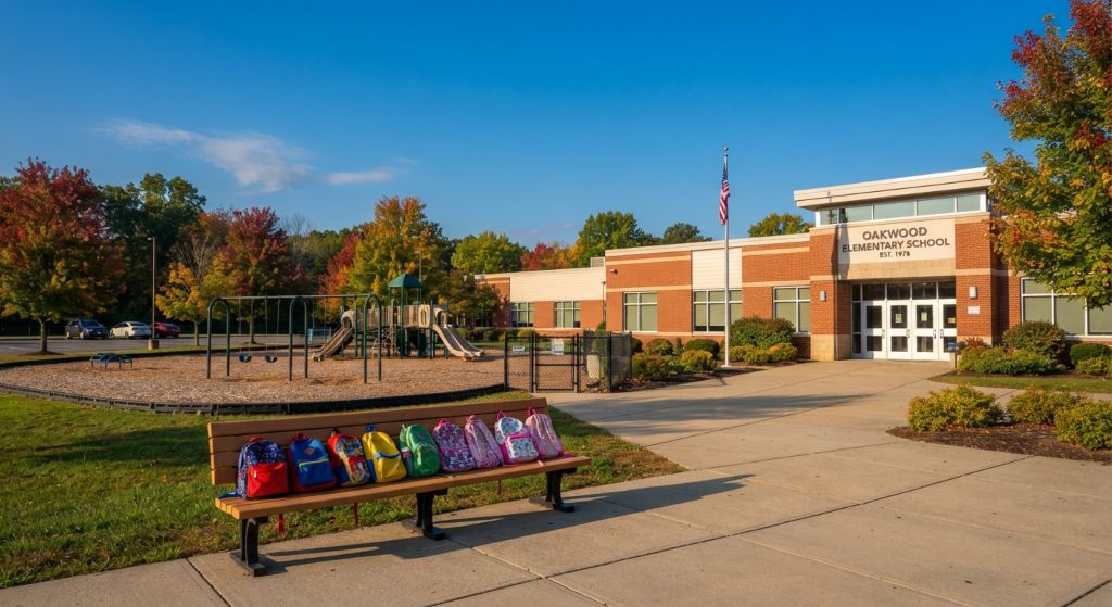 Suburban elementary school with a playground and backpacks on a bench