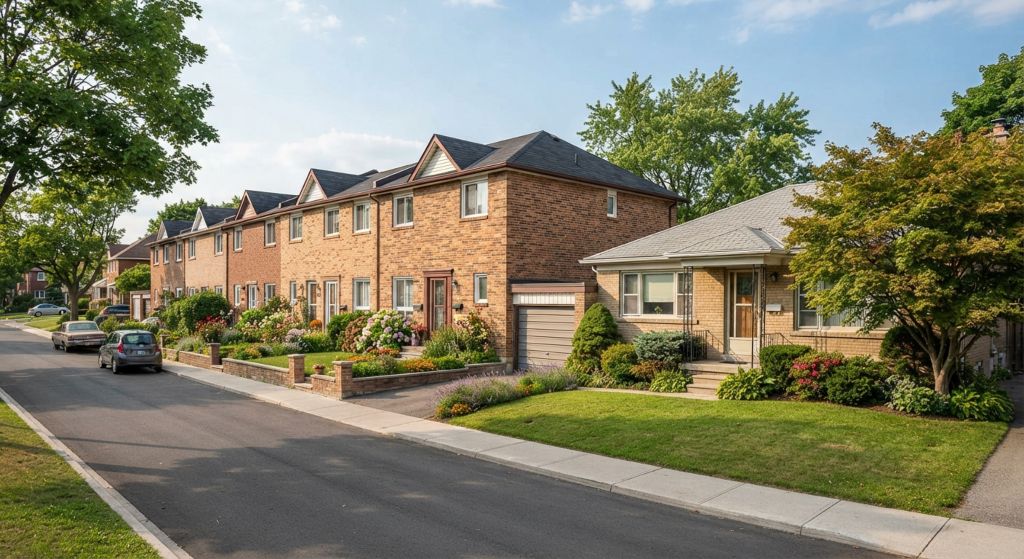 Row of brick townhouses beside a bungalow on a sunny suburban street