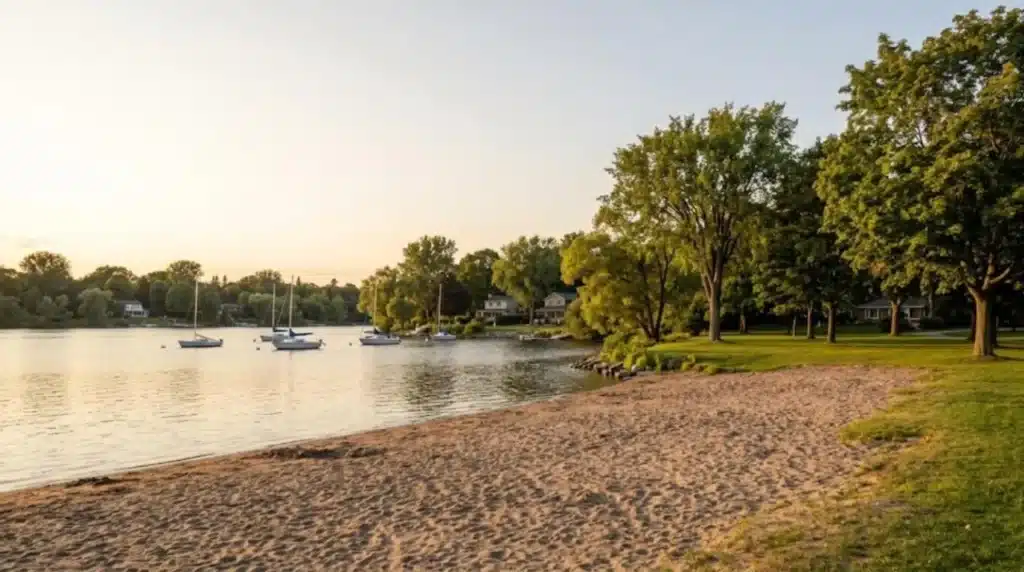 Sandy riverside beach with sailboats moored offshore and homes among the trees