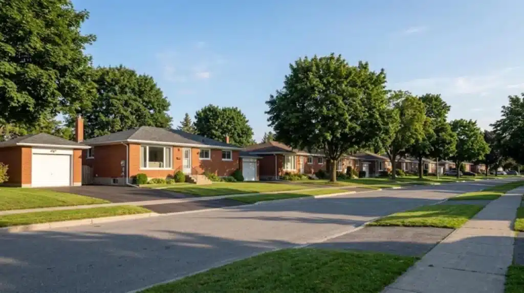 Residential street of 1950s brick bungalows with lawns and mature trees