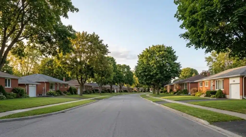 1950s brick bungalows on wide lots with mature shade trees on a quiet street