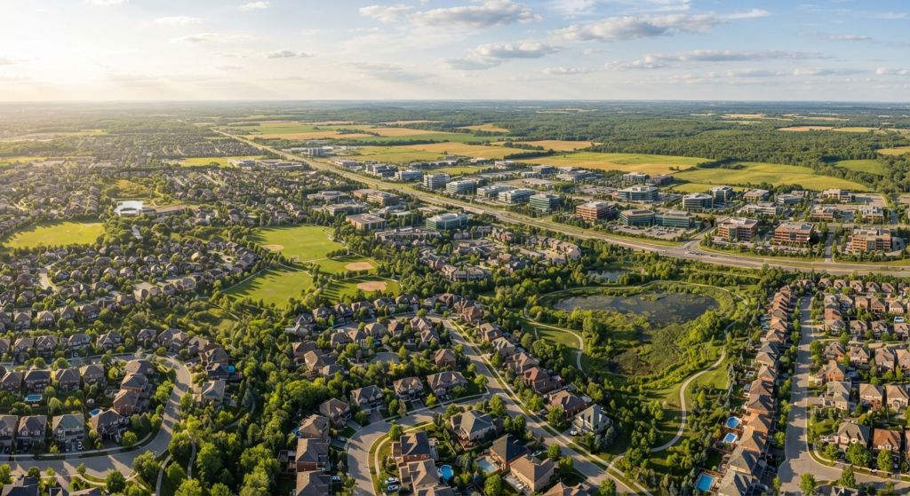 Is Kanata part of Ottawa? Aerial view of Kanata's suburban neighbourhoods and surrounding farmland in Ottawa's west end