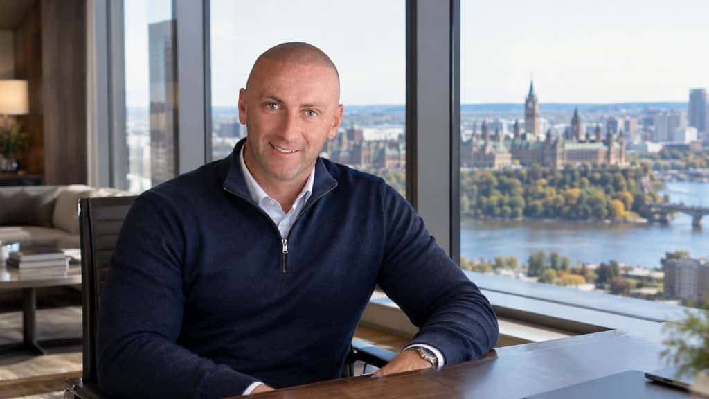 Jason Polonski, REALTOR® in Kanata, Ottawa, seated at a desk with Parliament Hill and the Ottawa River in the background