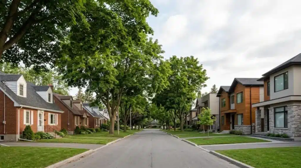 Leafy residential street with 1950s homes beside newer custom builds