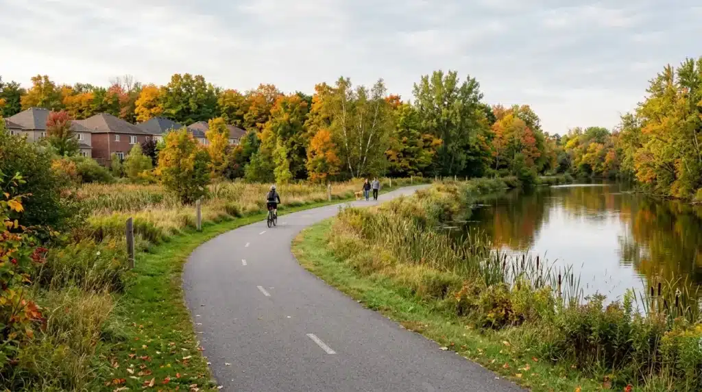Barrhaven neighbourhoods river trail along the Jock River in autumn