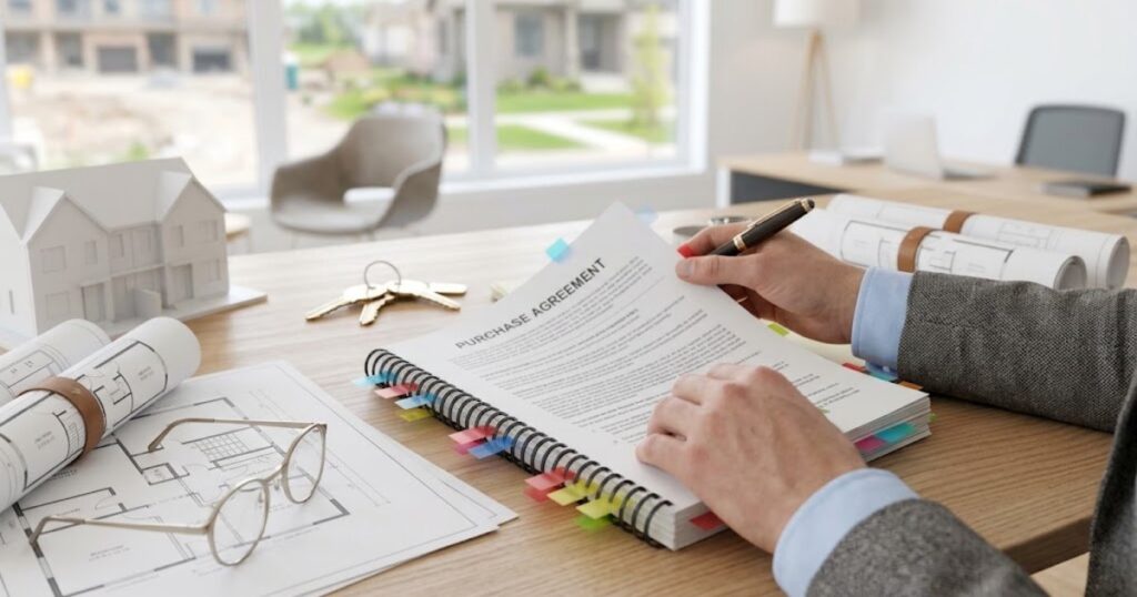 Hands reviewing a tabbed builder purchase agreement beside floor plans