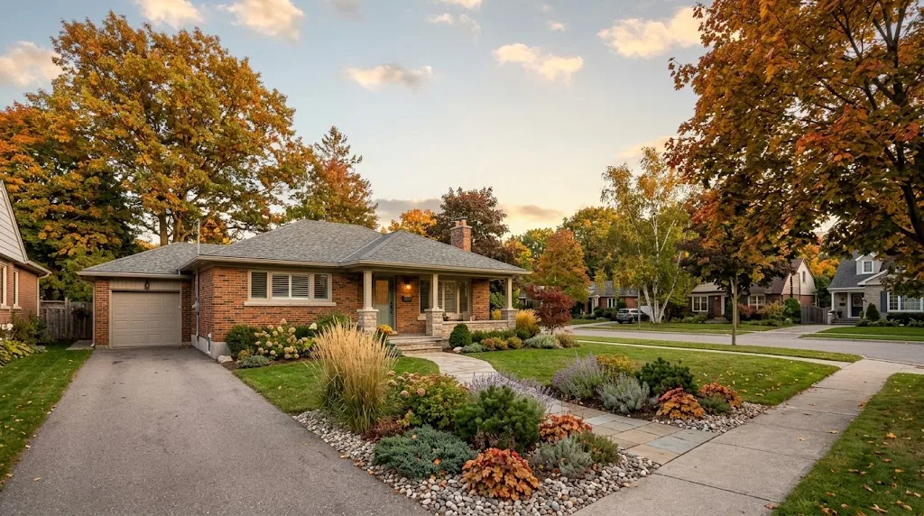 Brick bungalow with a level front walkway, attached garage and landscaped garden in Manotick in autumn