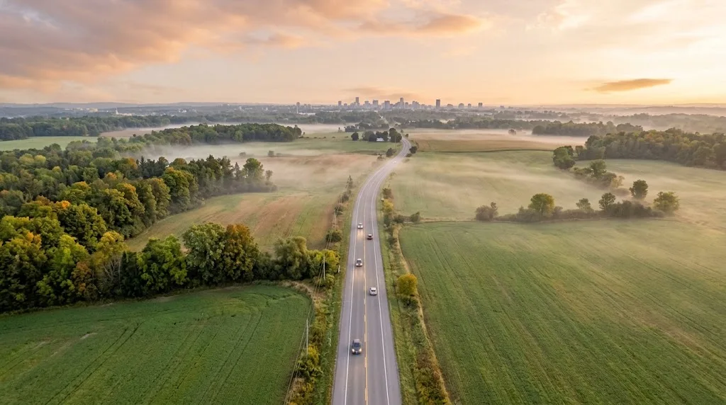 Two-lane rural road at sunrise through farmland toward the Ottawa skyline on the horizon