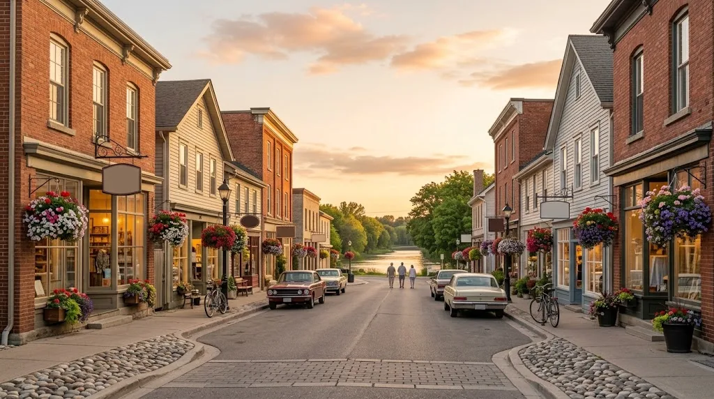 Main street of a historic Ontario river village with independent shops, cafes and flower baskets in the evening