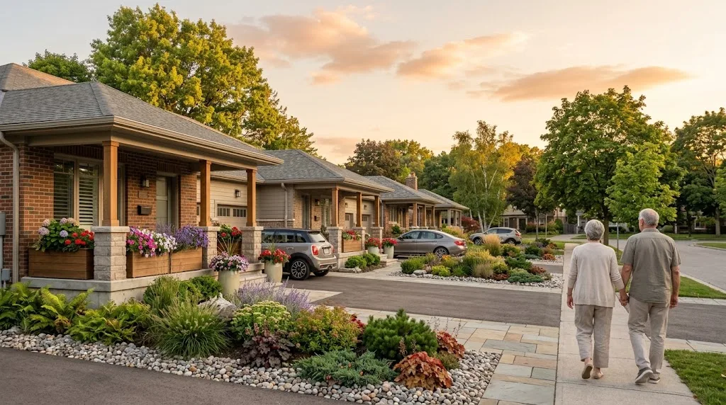 Older couple walking hand in hand past bungalow townhomes with front porches in Manotick