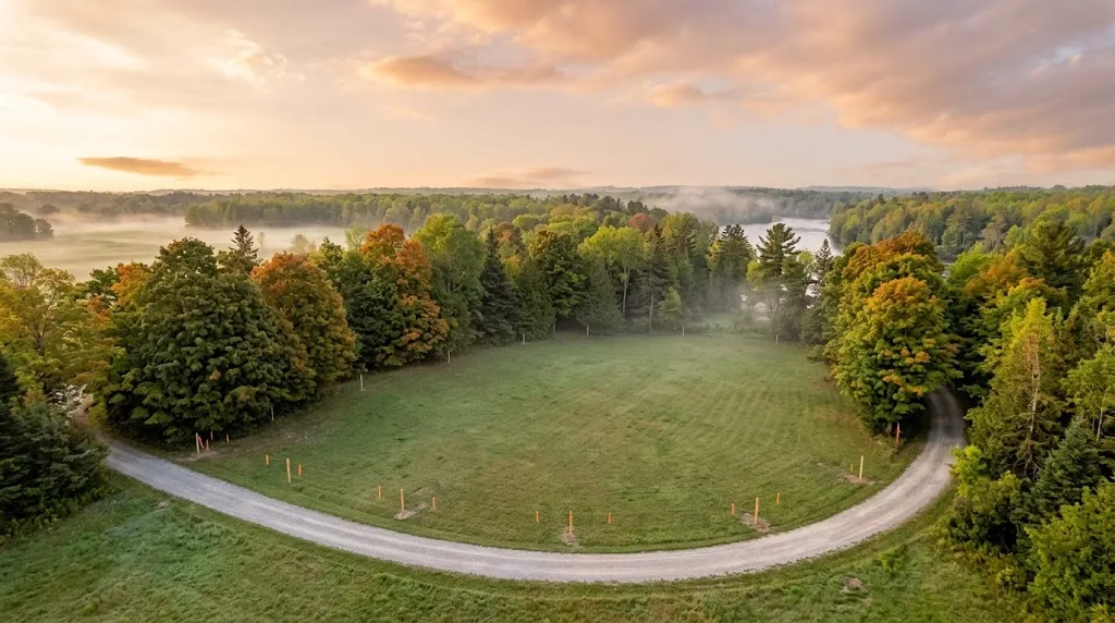 Open treed building lot with a gravel lane and surrounding maples and pines in rural Manotick