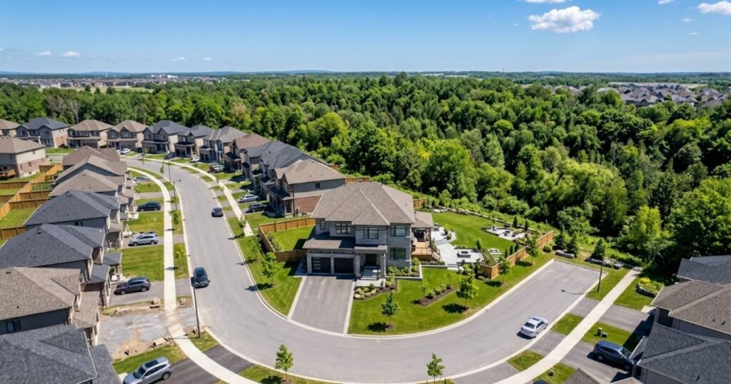 Aerial view of a new home on a large pie-shaped lot backing onto a forested ravine