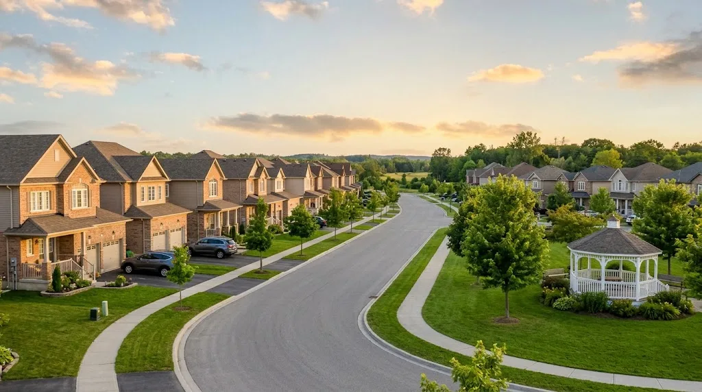 Curving street of newer two-storey family homes with two-car garages and a park gazebo in Mahogany, Manotick