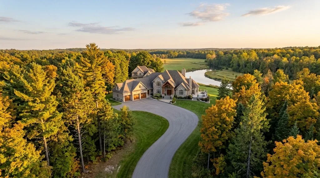 Custom stone estate home with a long curving driveway on a wooded multi-acre lot near Manotick