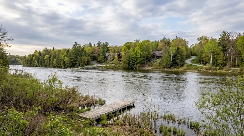 Natural Rideau River shoreline with native plants, a wooden dock and homes set back on higher ground in spring