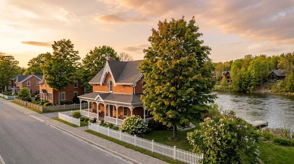 Restored red-brick century home with white gingerbread trim, wraparound porch and picket fence