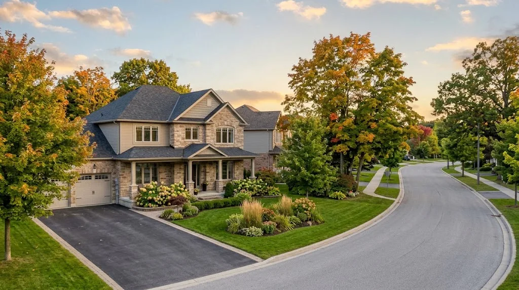 Two-storey stone and siding family home with mature trees in autumn, Manotick home value