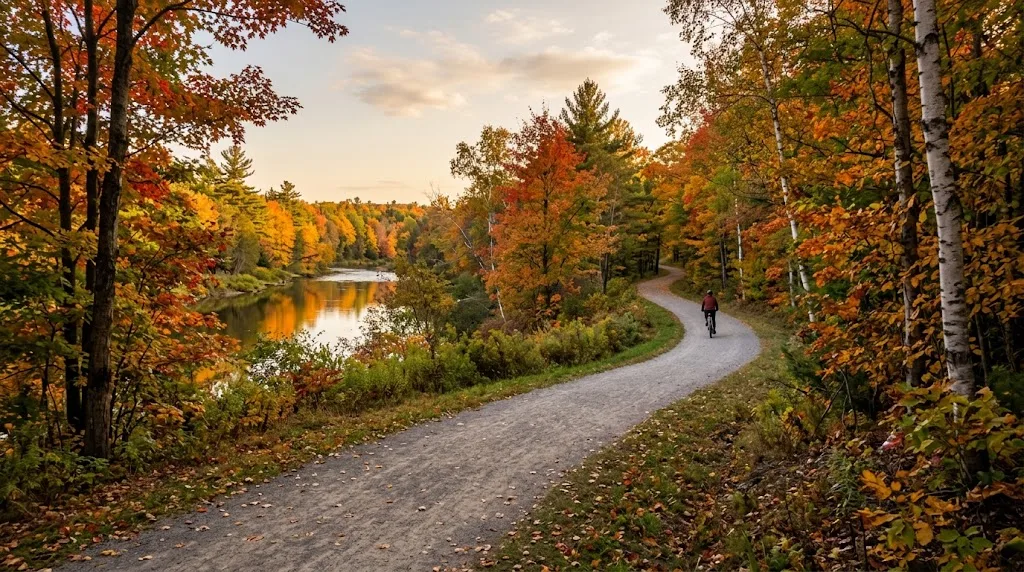 Stone-dust recreational trail through autumn forest with a cyclist and a glimpse of the Rideau River