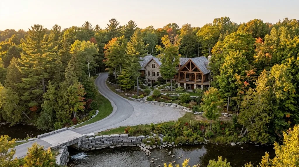 Estate home set deep in mature pine and maple forest with a winding driveway, east of Manotick