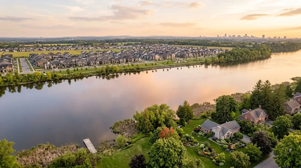 Village home on a large treed lot by the river with a suburb of newer homes in the distance