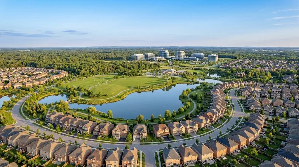 Aerial view of a west-end Ottawa suburb with parks, ponds, family homes and a technology park in the distance