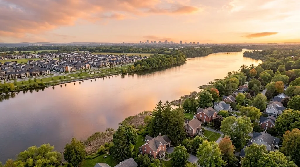 Aerial view at sunset of the Rideau River with a village of treed lots on one bank and a newer suburb on the other