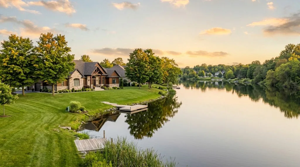 Waterfront home with a sloping lawn and private wooden dock on the Rideau River in Manotick at golden hour